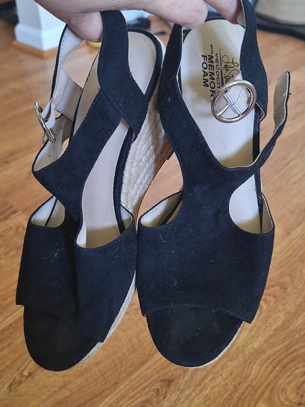 Black Suede Wedge Sandals with Memory Foam by Laura Scott